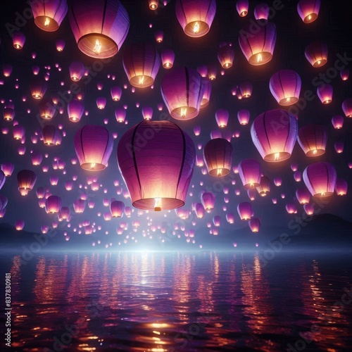 Twilight Wonder: Purple Lanterns Floating in the Air Above Water