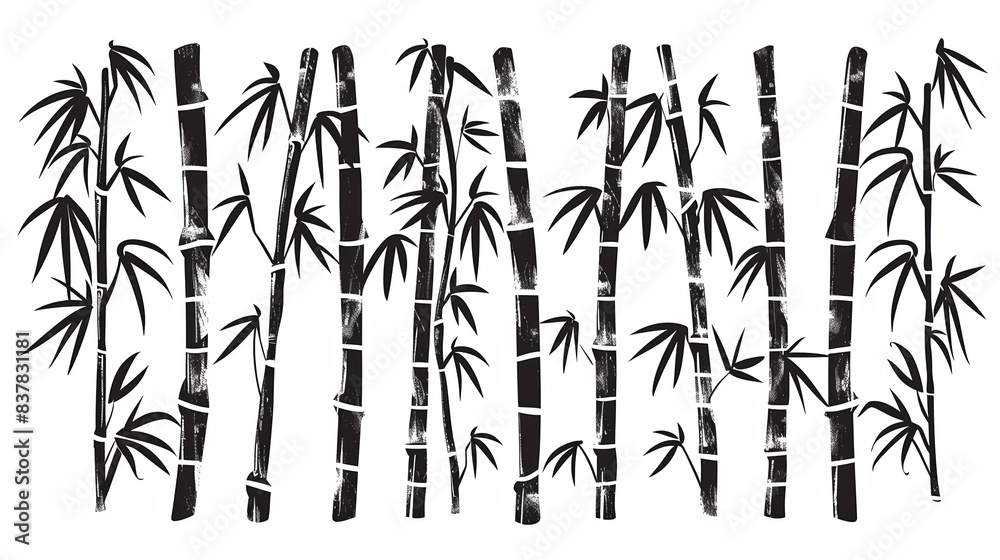 Abstract black and white drawing of bamboo stalks and leaves, creating a zen and natural ambiance. Perfect for decor and design themes. Abstract black and white drawing of bamboo stalks and leaves, creating a zen and natural ambiance. Perfect for decor and design themes.