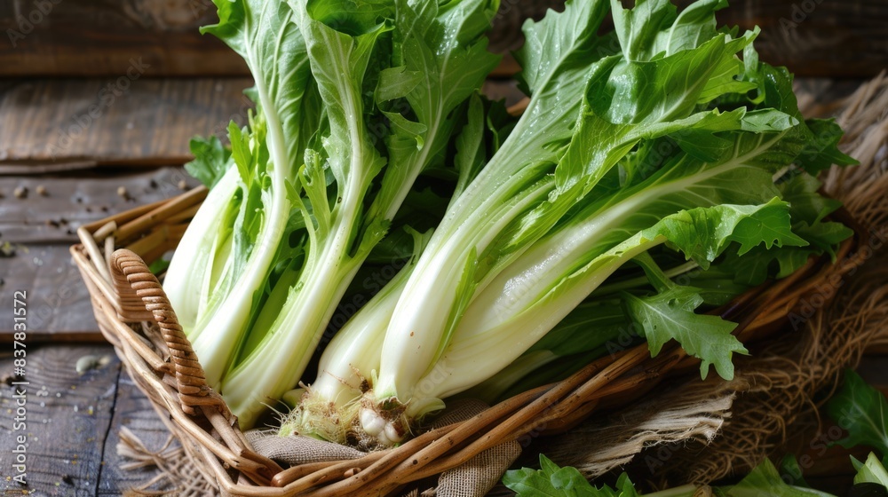 Fresh Bok Choy in Wooden Basket on Rustic Table Fresh Bok Choy in Wooden Basket on Rustic Table