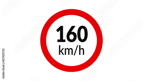160 kmh speed limit road sign icon animation on white background