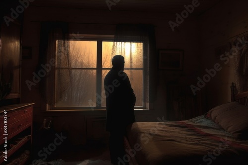 lonely senior man looking out of window © alisaaa