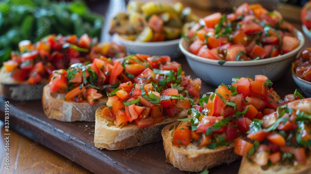 Italian Bruschetta Bar. Bruschetta with various toppings on a wooden board. Food photography for design and print Italian Bruschetta Bar. Bruschetta with various toppings on a wooden board. Food photography for design and print