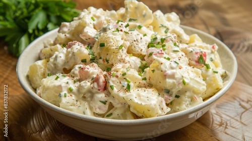 Ranch Potato Salad. Bowl of potato salad with chives and herbs.