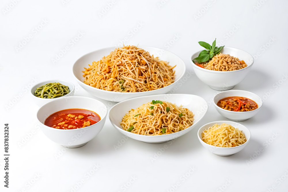 Delicious Chinese Noodle Dishes on White Background Delicious Chinese Noodle Dishes on White Background