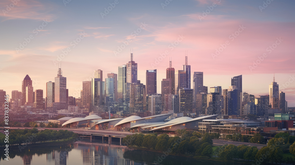 Fototapeta premium Urban Skyline at Sunset Over River