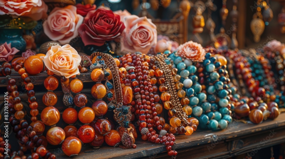 Fototapeta premium Colorful beaded jewelry on market display with decorative roses.