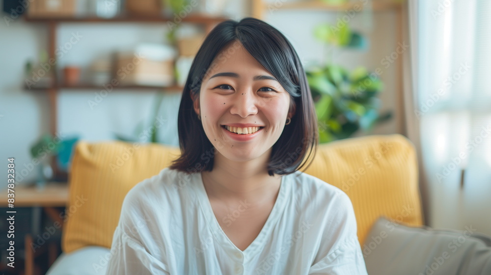 自宅のリビングにいる笑顔の若い女性 自宅のリビングにいる笑顔の若い女性