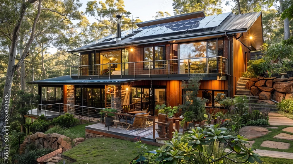 Sustainable lifestyle, eco-friendly home, solar panels, green living, recycling Sustainable lifestyle, eco-friendly home, solar panels, green living, recycling