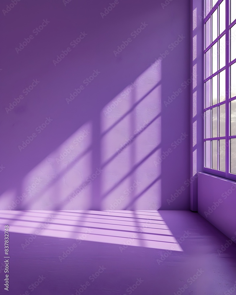 3D rendering of an empty room with purple wall and floor sunlight from window background for product presentattion