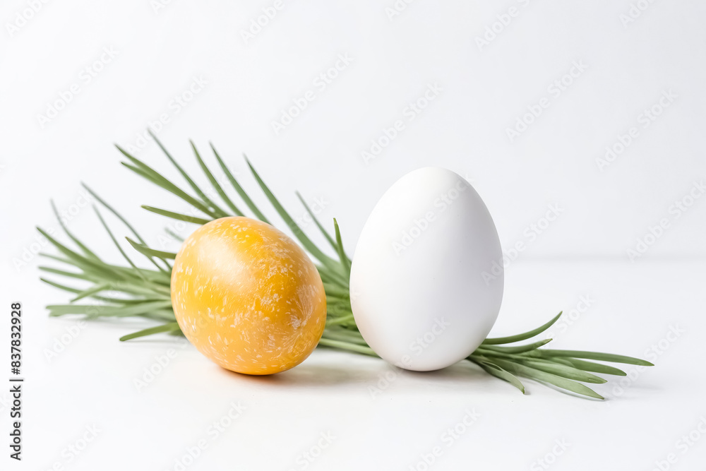 A Yellow Easter Egg and a White Egg on a White Background with Green Grass A Yellow Easter Egg and a White Egg on a White Background with Green Grass
