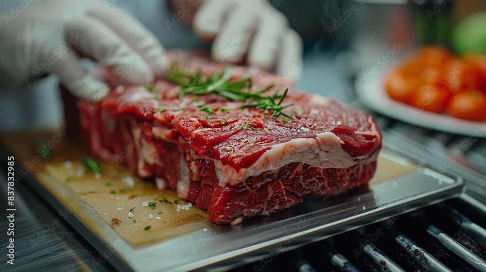 Chef preparing a fresh cut of raw beef steak with herbs in a professional kitchen setting, ready for gourmet cooking or grilling. Chef preparing a fresh cut of raw beef steak with herbs in a professional kitchen setting, ready for gourmet cooking or grilling.