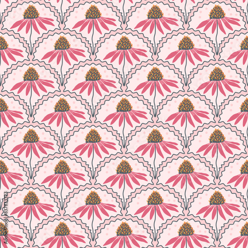 Coneflowers scalloped pattern. Floral vintage endless background. Purple echinacea retro seamless pattern. Vector flat hand drawn illustration.