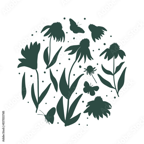 Wildflowers and fluttering butterflies in a silhouette round composition. Coneflowers Echinacea circle emblem Vector hand drawn flat illustration.