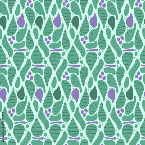 Abstract liquid shapes seamless pattern. Organic elements endless background. Geometric modern repeat cover. Vector green and violet hand drawn illustration.