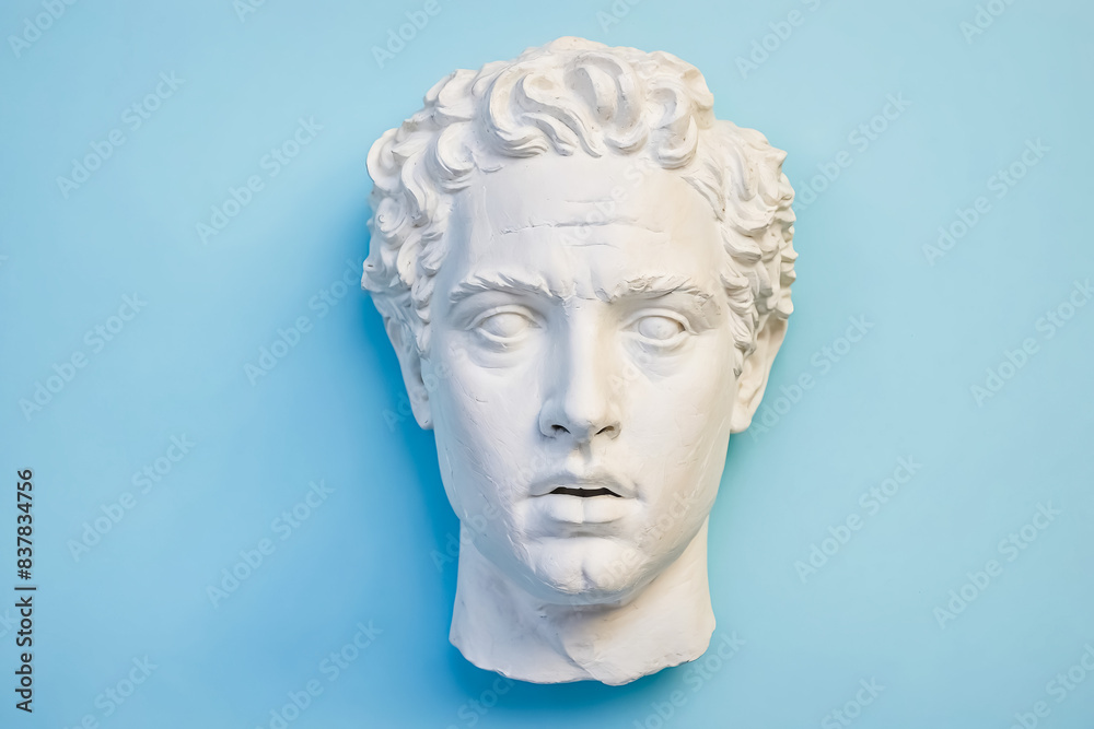 White Plaster Cast of a Man's Head Against a Blue Background