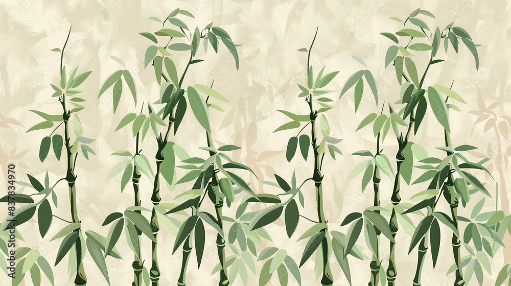 Obraz premium Elegant bamboo illustration, featuring tall green bamboo plants with leaves, set against a soft beige background, perfect for design projects.