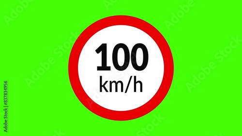 100 kmh speed limit road sign icon animation on green screen
