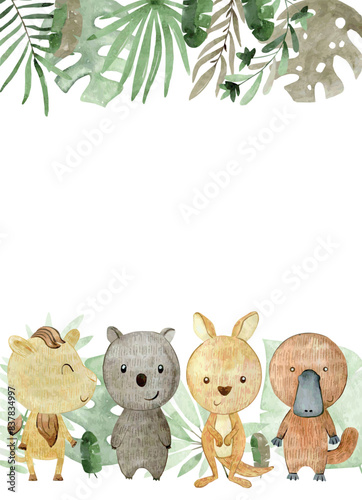 Baby shower card. Vector watercolor frame with australian animals.