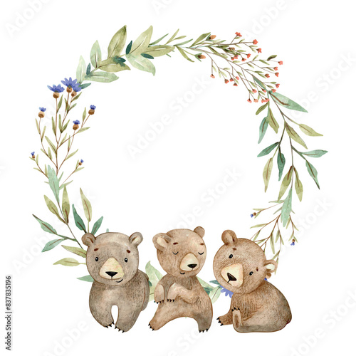 Vector watercolor woodland wreath with bears. Baby shower card.