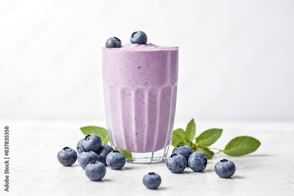Blueberry Smoothie in Glass with Fresh Blueberries on White Background Blueberry Smoothie in Glass with Fresh Blueberries on White Background