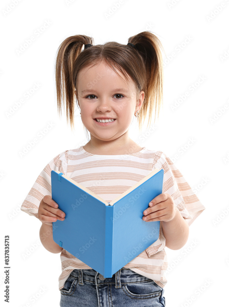 Cute little girl with book on white background Cute little girl with book on white background