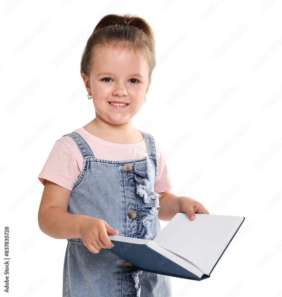 Cute little girl with book on white background Cute little girl with book on white background