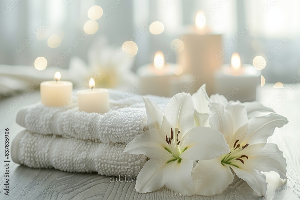 Towels, candles on table, more candles in background