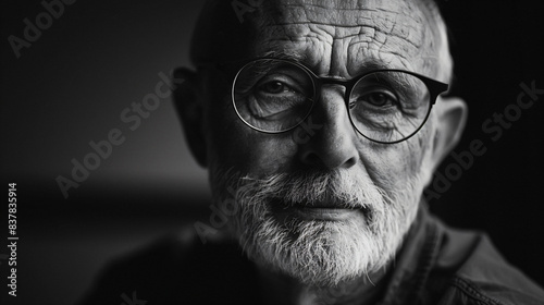 portrait of an old writer in black and white