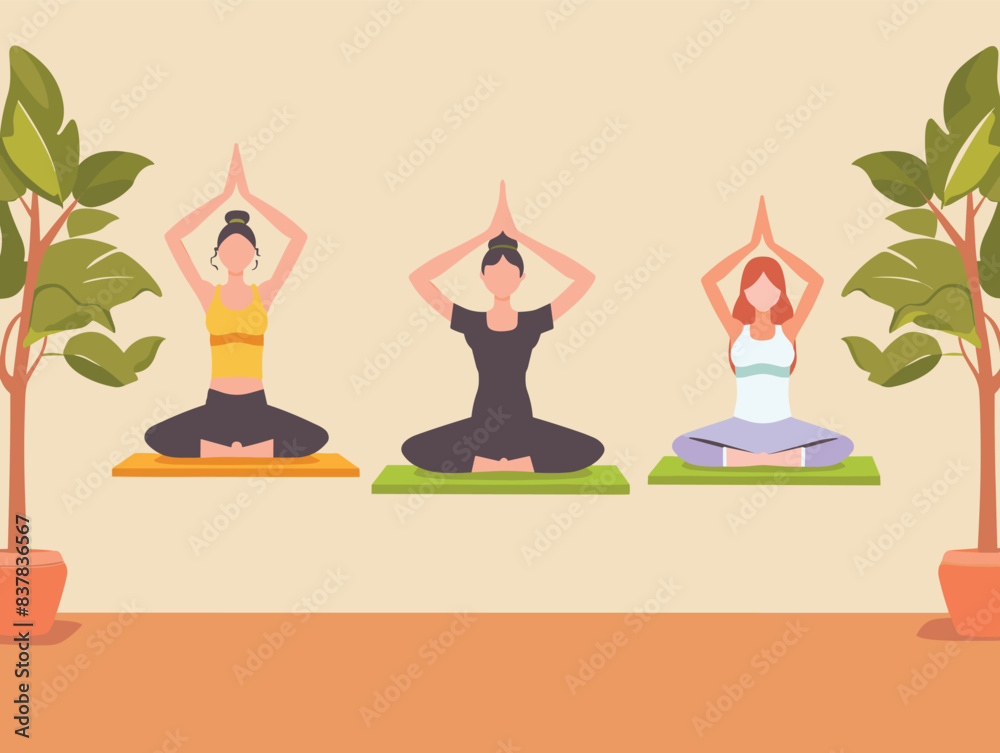 Three women practice yoga indoors, sitting lotus position. Female characters exhibiting mindfulness tranquility during yoga session, practitioners surrounded plants engage peaceful workout Three women practice yoga indoors, sitting lotus position. Female characters exhibiting mindfulness tranquility during yoga session, practitioners surrounded plants engage peaceful workout
