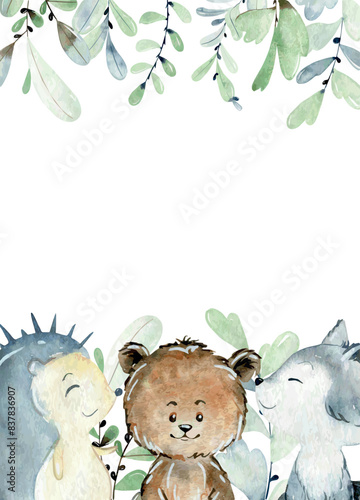 Baby shower card. Vector watercolor woodland card with animals.