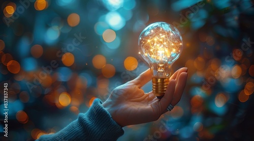 A Man Holding a Lit Light Bulb in a City Street at Night