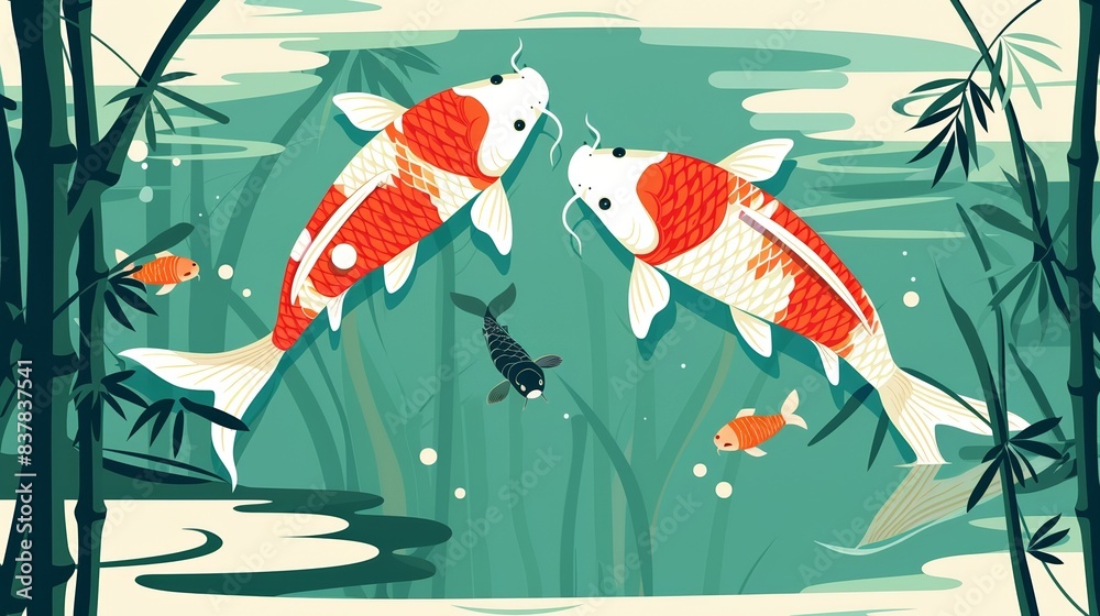 Fototapeta premium Illustration of colorful koi fish swimming in a serene pond surrounded by bamboo plants and other small fish.