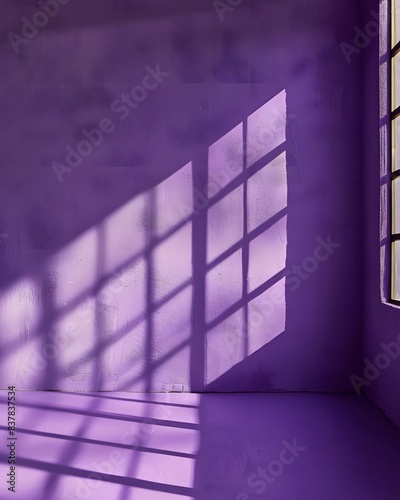 3D rendering of an empty room with purple wall and floor sunlight from window background for product presentattion photo