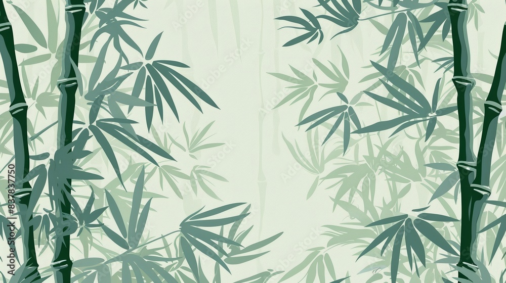 Fototapeta premium Illustration of lush green bamboo stalks and leaves on a tranquil misty background, perfect for serene nature-themed projects.