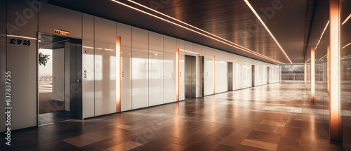 Sleek Modern Office Lobby with Elevators and Lighting