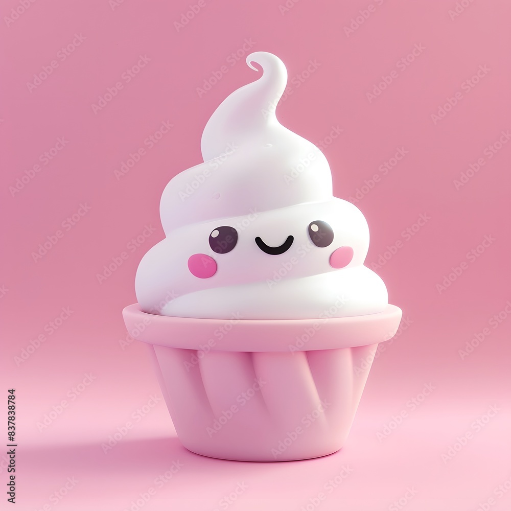 A 3D cartoon cupcake with a happy face on a pink background. A 3D cartoon cupcake with a happy face on a pink background.