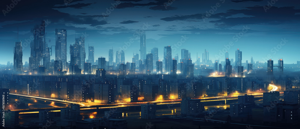 Futuristic Night Cityscape with Illuminated Skylines