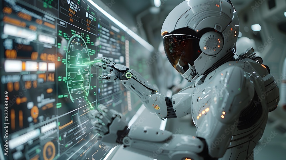 Fototapeta premium A futuristic robot with a white exoskeleton interacts with a complex digital interface in a modern technology center.