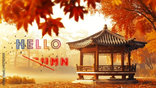 Footage - Aesthetic View of a Japanese-Style Gazebo in Beautiful Autumn with Text Effect 