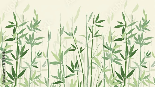 Seamless pattern of green bamboo stalks and leaves on a light background  creating a calming natural atmosphere suitable for various design projects.