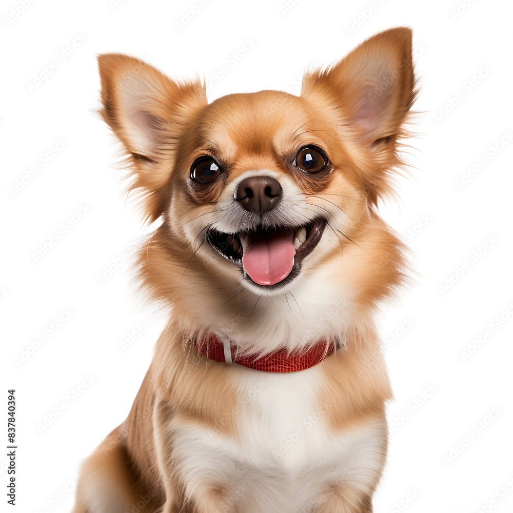 Adorable Chihuahua with Red Collar Smiling at Camera on White Background - Perfect for Pet Lovers and Animal-Themed Projects