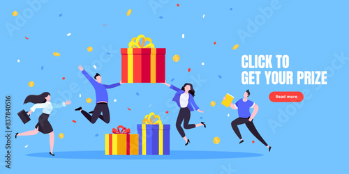 Get online incentive gift benefit reward and gifts, earn loyalty program points. Get loyalty card and customer service business concept flat design vector illustration. Tiny people with big gift boxes