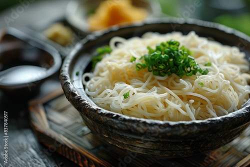 Somen Noodles - Thin wheat noodles served cold with dipping sauce.  photo