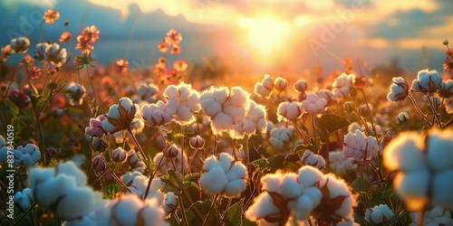 Cotton Plants In A Field At Sunset