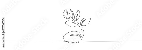 Money plant in One Continuous line drawing. Growing coin tree symbol and finance investment increase concept in simple linear style. Editable stroke. Doodle Vector illustration