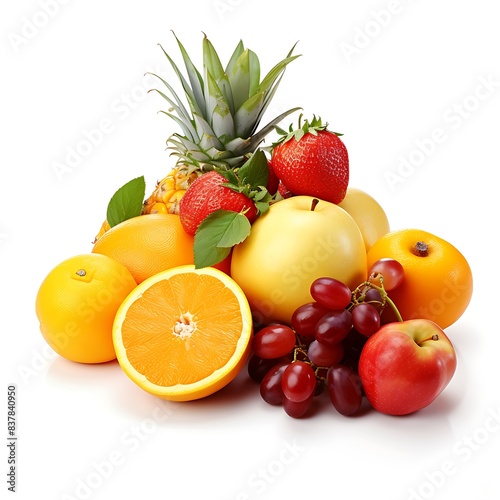 Fresh and Vibrant Assortment of Fruits Including Pineapple  Apples  Oranges  Grapes  and Strawberries on a White Background