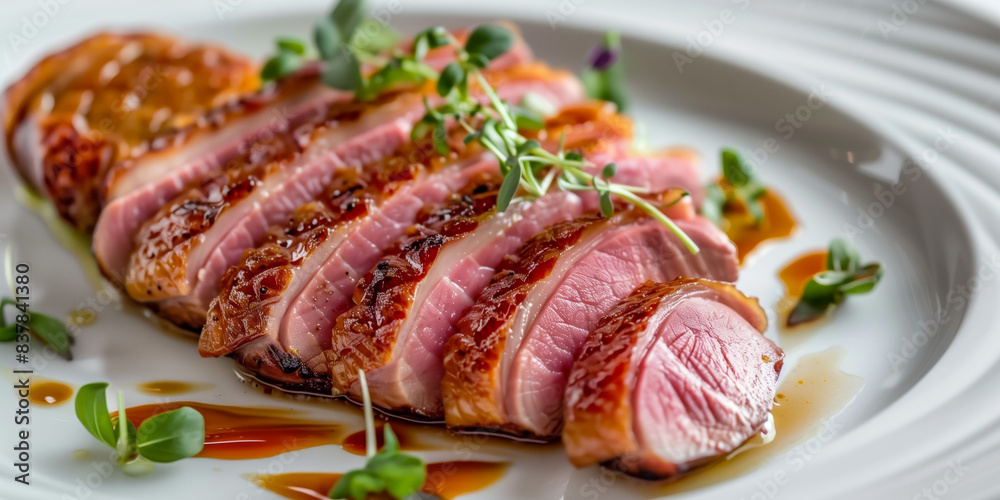 Sliced roasted duck breast with garnish on white plate