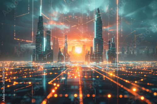 A digital futuristic city in the background with glowing lines in the foreground 