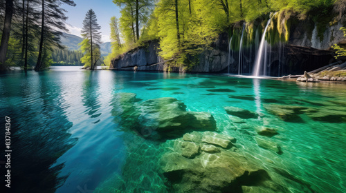 Tranquil Forest Lake with Waterfall