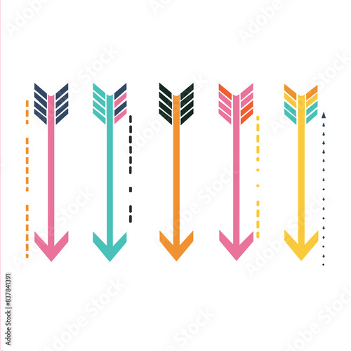 Colorful arrows pointing downward, modern geometric design, gradient colors. Abstract vector illustration featuring stylized arrows, clean lines shapes. Graphic arrows, creative decoration elements